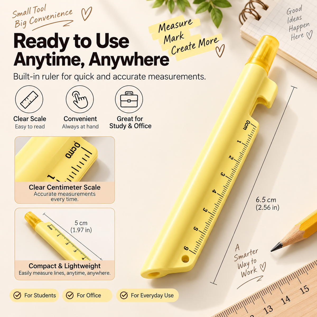 6-Pack 5-in-1 Highlighter Pen Set with Gel or Ballpoint Pen, 9cm Ruler, Touchscreen Stylus & Phone Stand for School, Office & Study