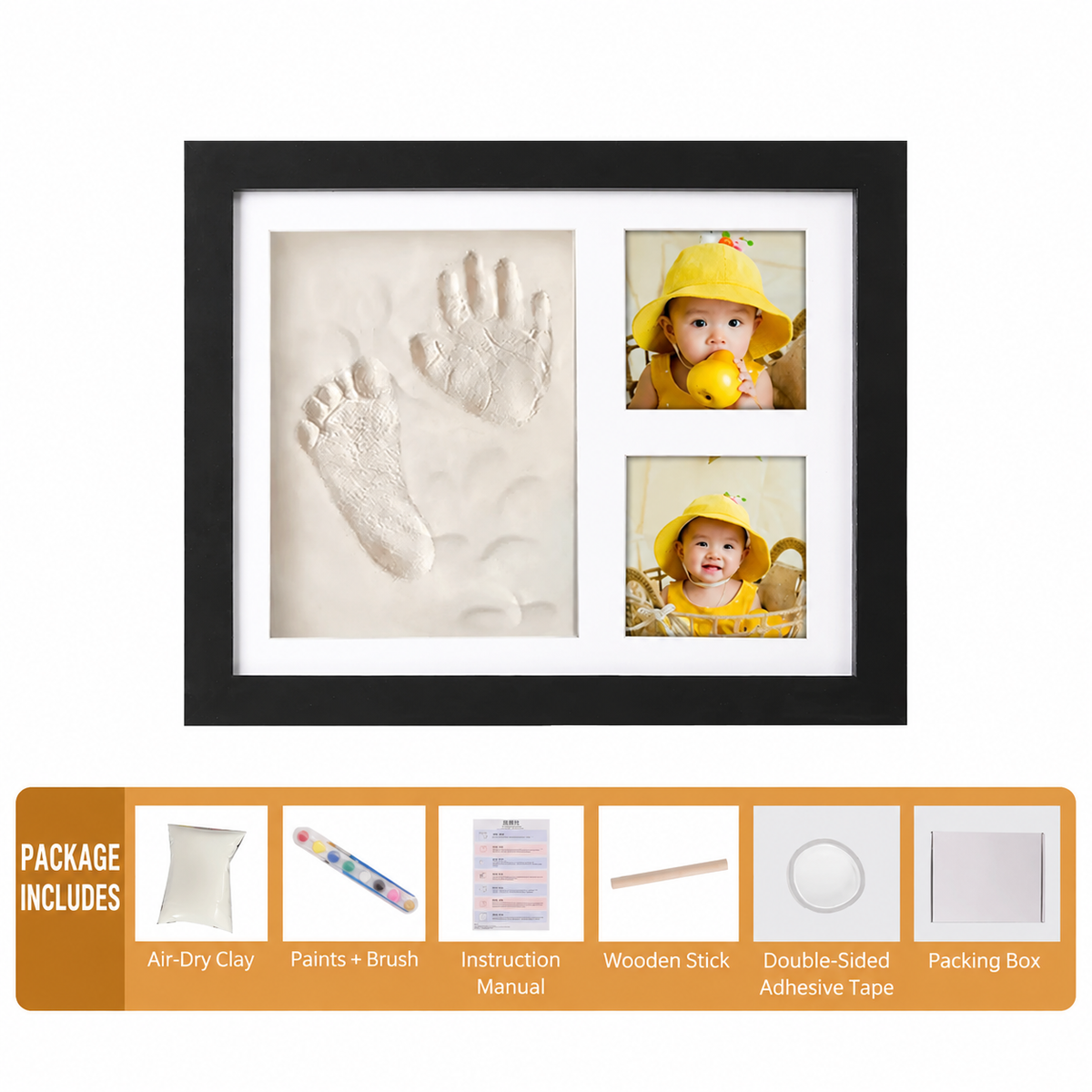 DIY Baby Handprint & Footprint Keepsake Frame Kit with Air-Dry Clay, 2 Photo Openings, Paint Set & Display Stand for Newborn, Pet Paw Prints & Family Gifts