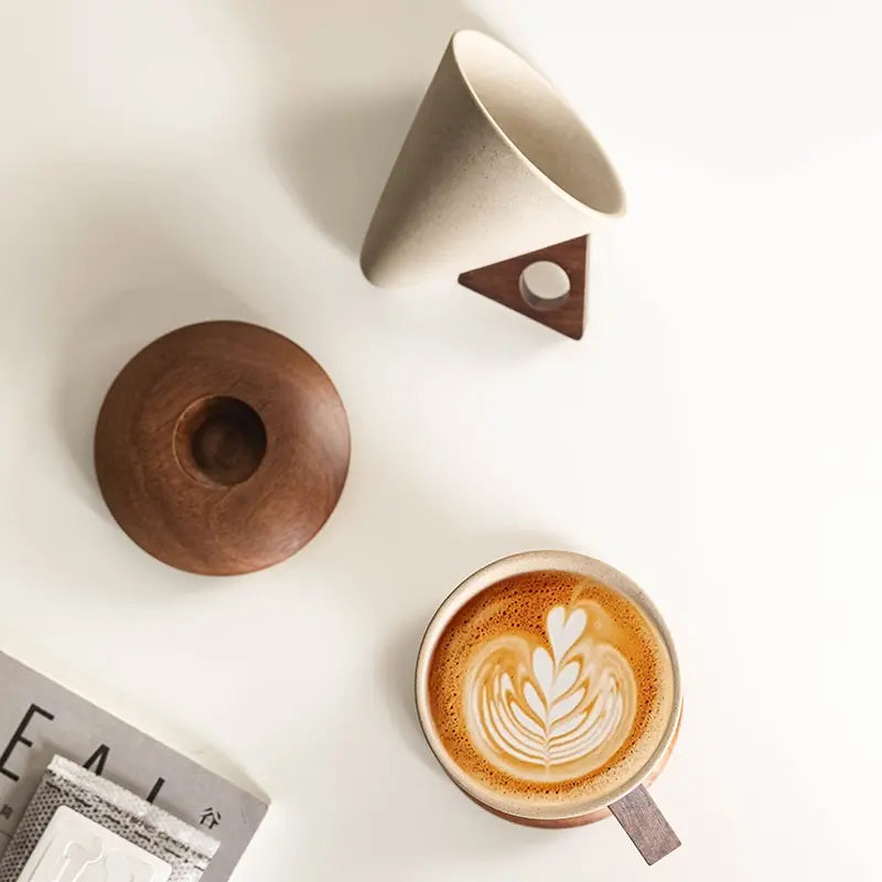 Wabisabi Conical Ceramic Coffee Cup with Acacia Wood Base