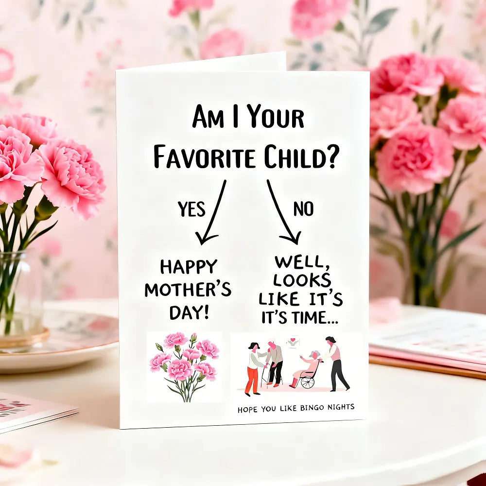 Funny Mother’s Day Card - "Favorite Child" Gag Gift for Mom, Humorous Birthday Card, "Hope You Like Bingo" Joke Card, Blank Inside with Premium Kraft Envelope
