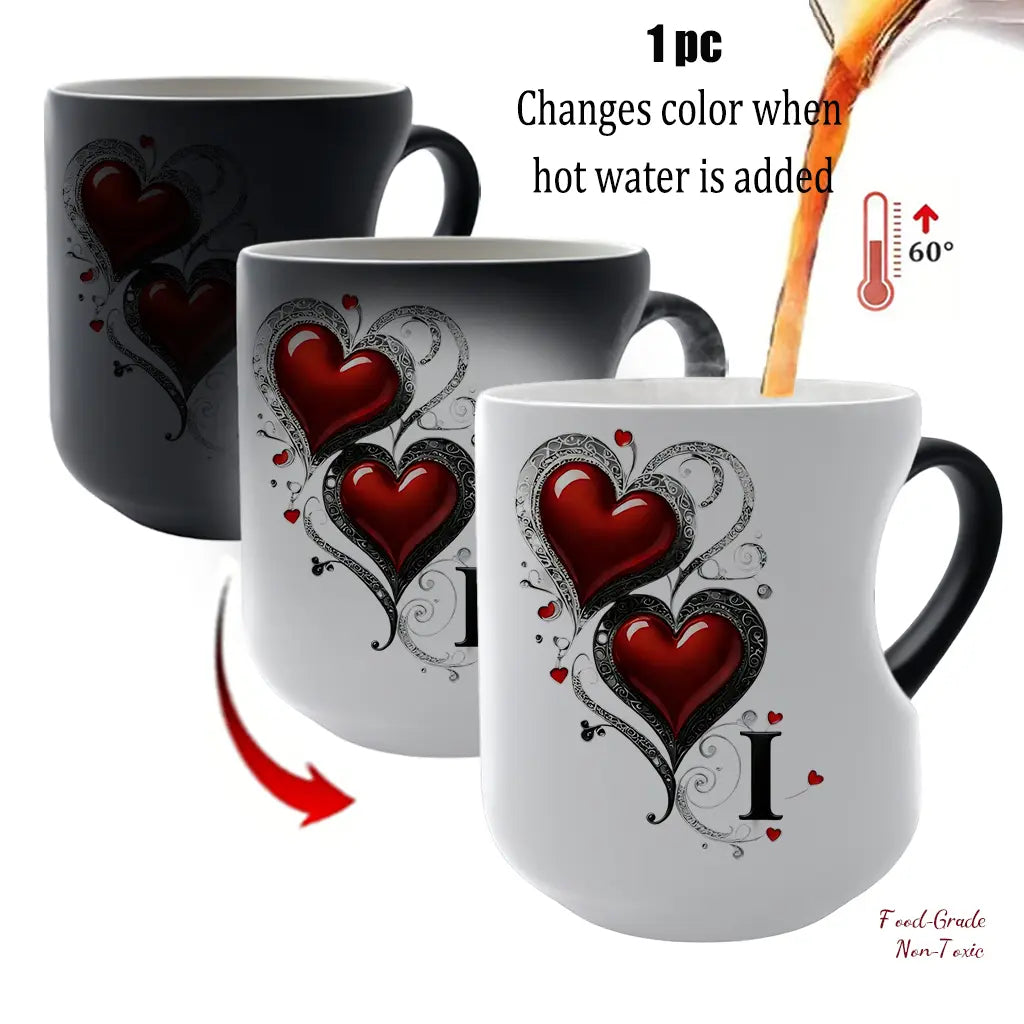 Personalized Heat-Changing Ceramic Mug, 11 oz Color-Changing Coffee Cup with A-Z Initial Letter & Heart-Shaped Handle, Custom Gift