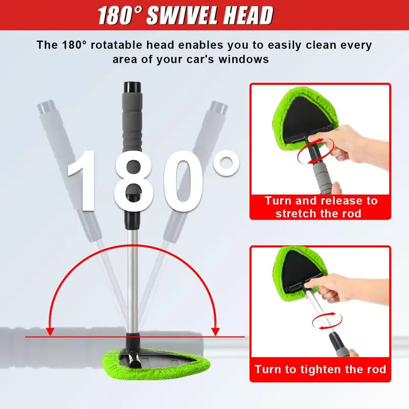 9-Piece Car Windshield Cleaning Kit with Extendable Handle, 180° Swivel Head, 6 Reusable Microfiber Pads, Vent Brush & Spray Bottle for Windows, Mirrors & Glass