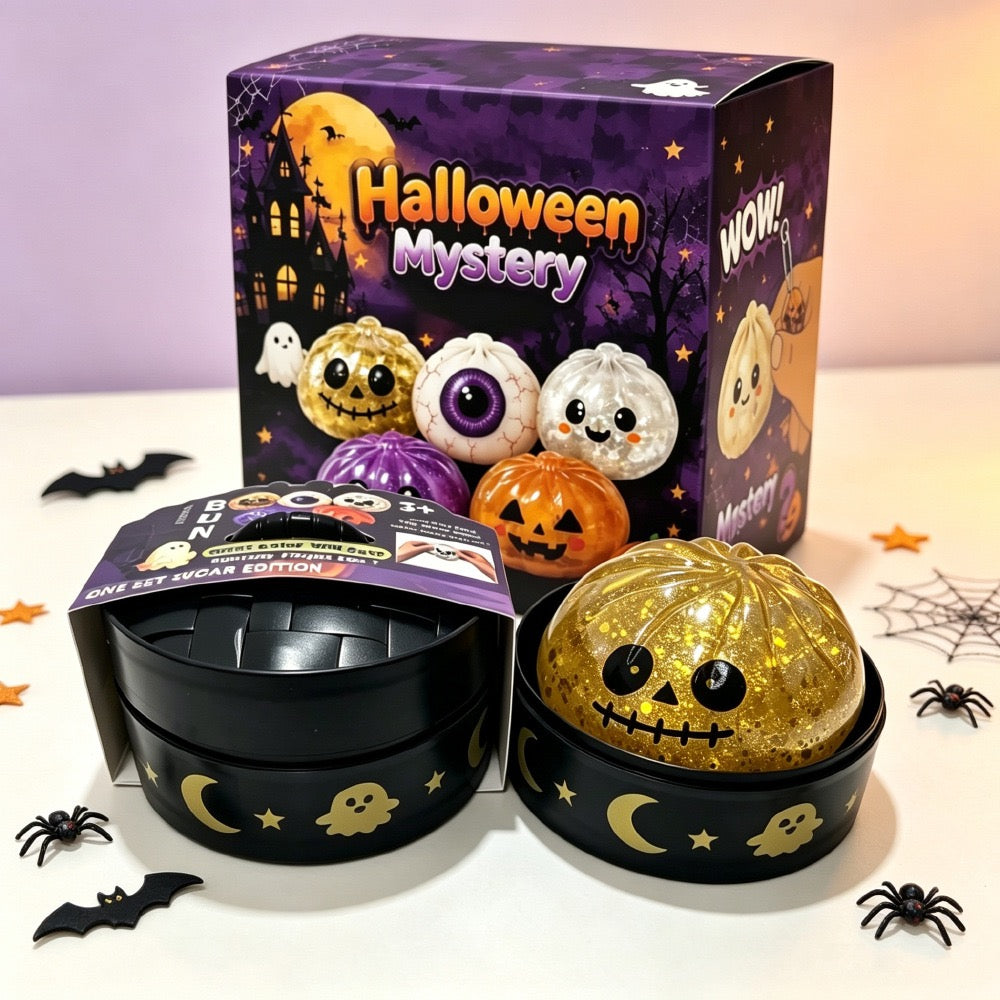 Halloween Dumpling Squishy Toy with Steamer-Style Storage Box, Slow-Rising Squeeze Toy, Spooky Sensory Party Favor & Gift