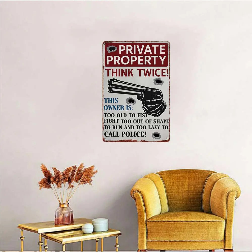 "Private Property - Think Twice" Funny Metal Sign - 12x8 Aluminum Home Safety Decor