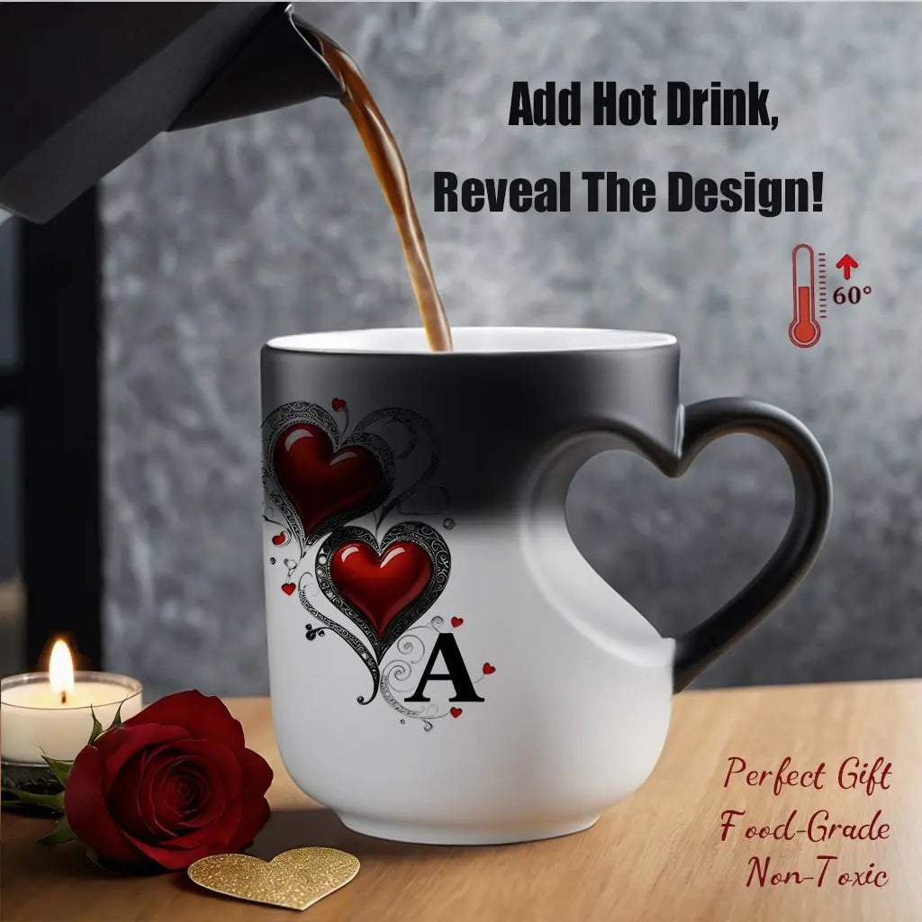 Personalized Heat-Changing Ceramic Mug, 11 oz Color-Changing Coffee Cup with A-Z Initial Letter & Heart-Shaped Handle, Custom Gift