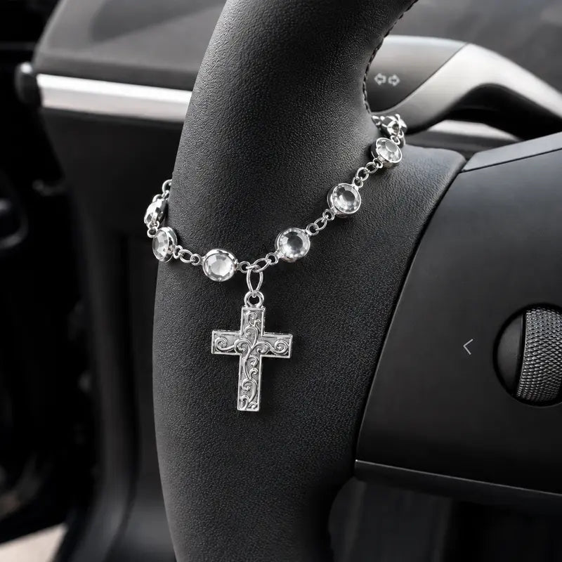 Faith-Inspired Crystal Cross Car Steering Wheel Charm, Silver Tone Beaded Hanging Ornament, Spiritual Blessing Symbol Auto Interior Decor, Meaningful Gift for Drivers