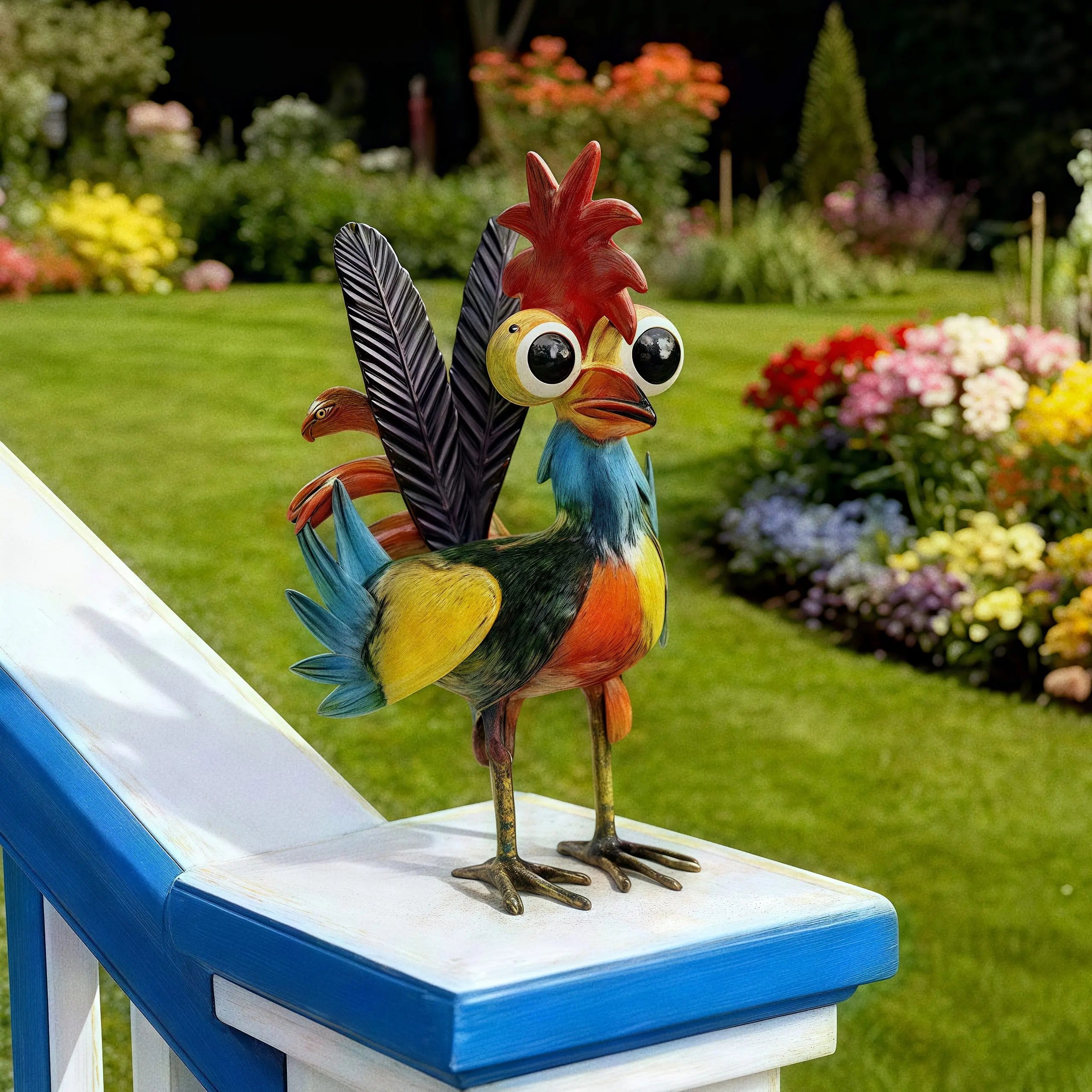 Colorful Metal Rooster Statue | Rustic Farmhouse Outdoor Garden Decor