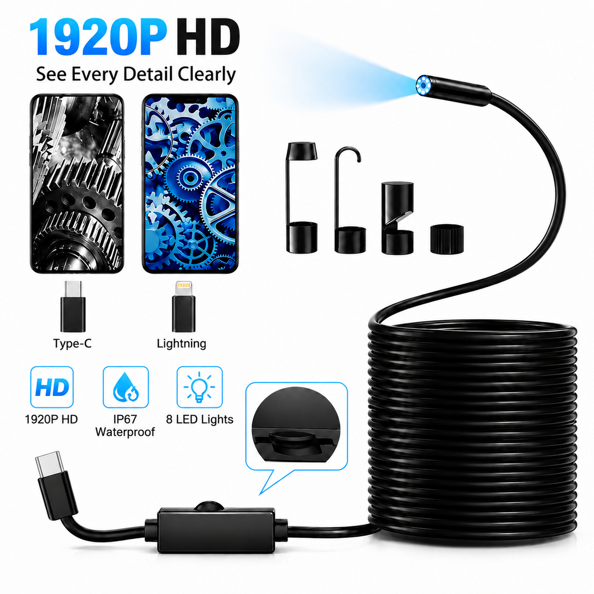 1920P HD Automotive Diagnostic Endoscope Borescope Inspection Camera, 2MP with 8 Adjustable LED Lights, 11.48ft Semi-Rigid Snake Cable, IP67 Waterproof Probe, Plug & Play for iPhone & Android, Car & Home Inspection