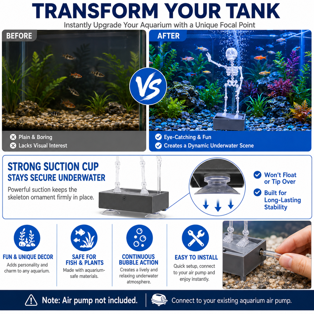 Halloween Dancing Skeleton Aquarium Decoration, Bubble-Activated Moving Fish Tank Ornament with Airflow Control Valve