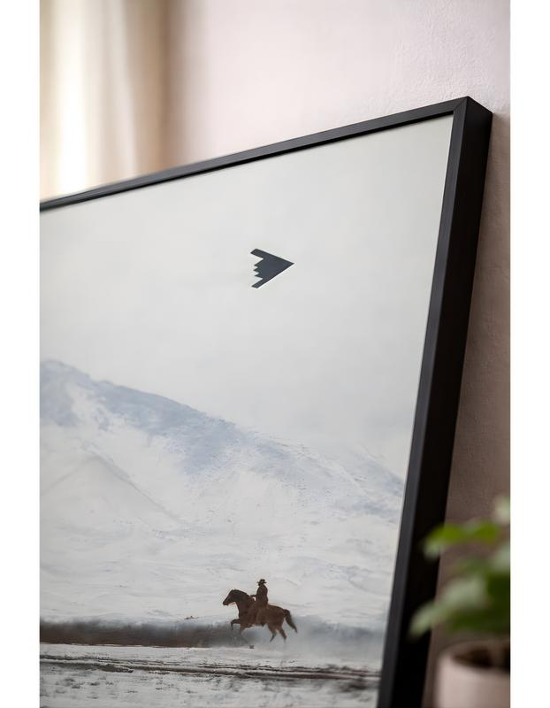 Cowboy on Horse and B2 Spirit Flying Satin Poster