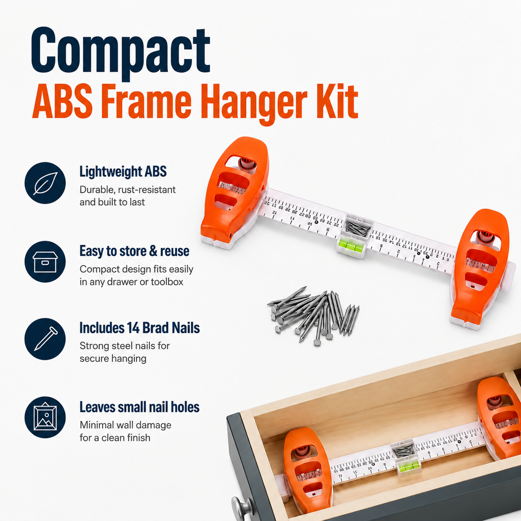 4-in-1 Picture Hanging Tool with Bubble Level, Measuring Ruler & Magnetic Nail Holder, Frame Alignment Tool with 14 Brad Nails for Pictures, Mirrors & Wall Decor