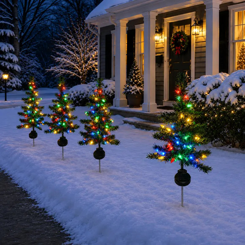 Solar Outdoor Lights, 4-Pack 27.6-Inch Pre-Lit Multicolor LED Christmas Tree Pathway Lights, Regular or Strawberry Light String Upgrade, Auto On/Off for Yard & Garden