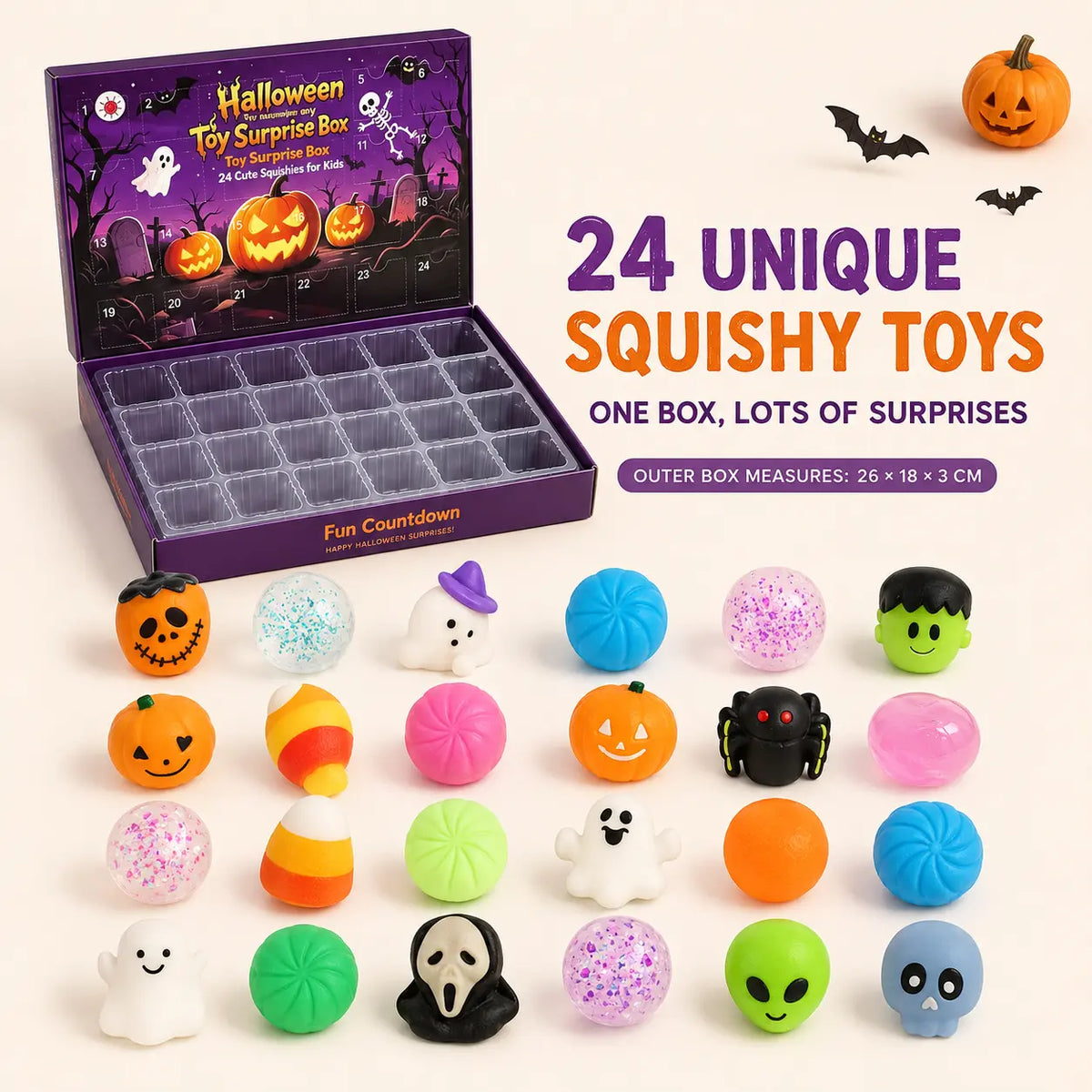 24-Piece Halloween Squishy Surprise Box, 24-Day Countdown Sensory Fidget Toy Set, Soft Squeeze Halloween Gifts & Party Favors