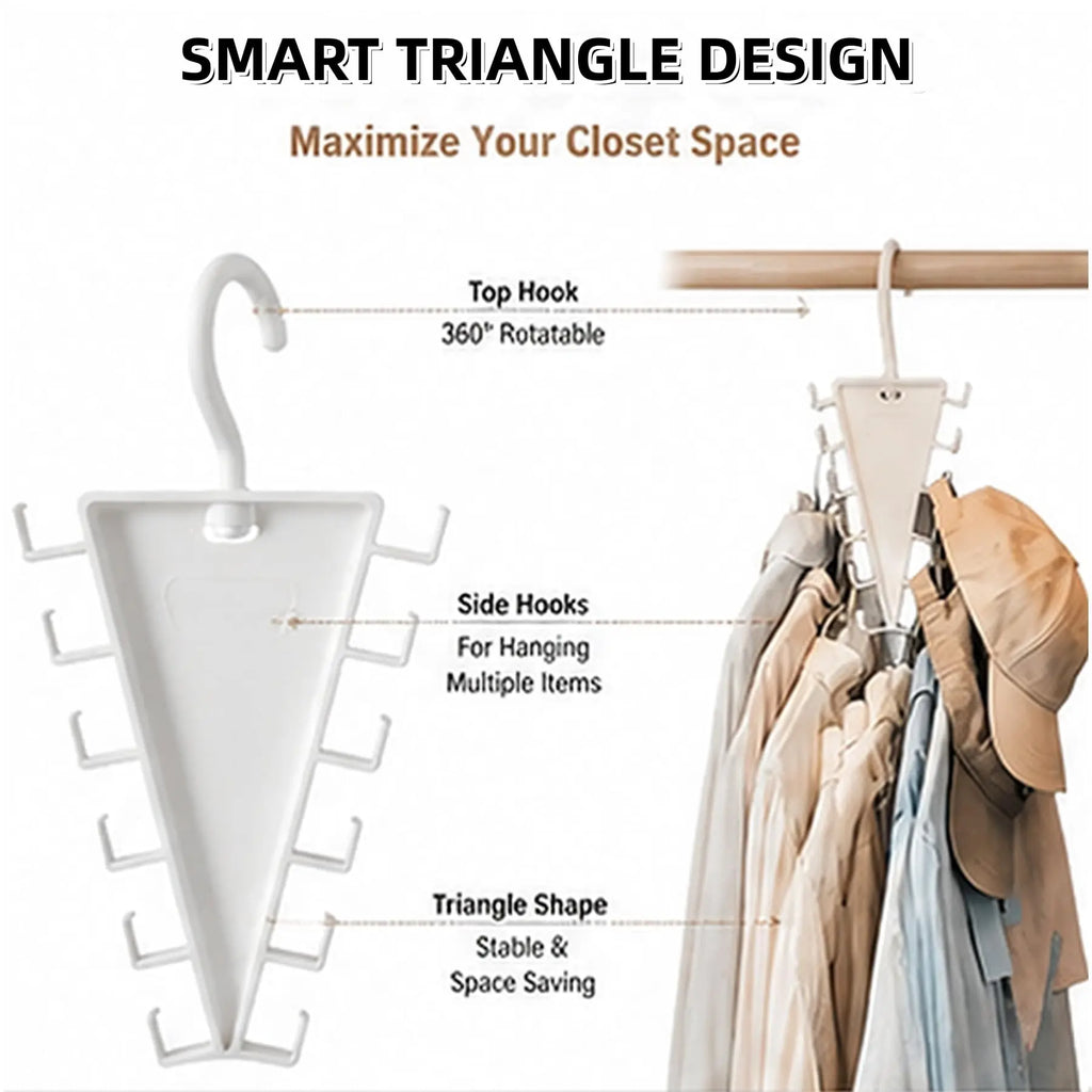 V-shaped closet organizer with rotating top hook and double-sided hooks