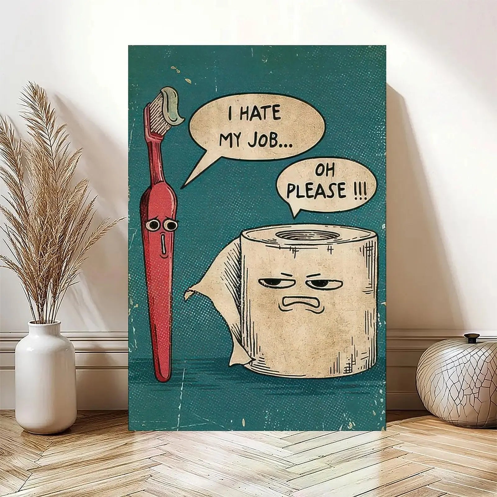 Funny Bathroom Wall Art | "I Hate My Job" Toothbrush & Toilet Paper Canvas Print