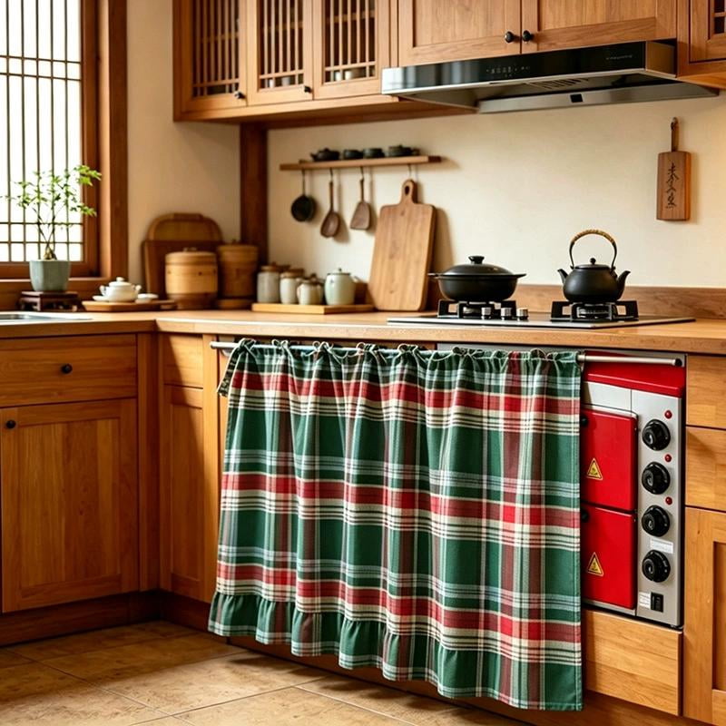Cotton Linen Oven Skirt Curtain for Kitchen, Farmhouse Tie-Top Cabinet Curtain with Ruffles for Dishwasher, Sink & Stove Decor