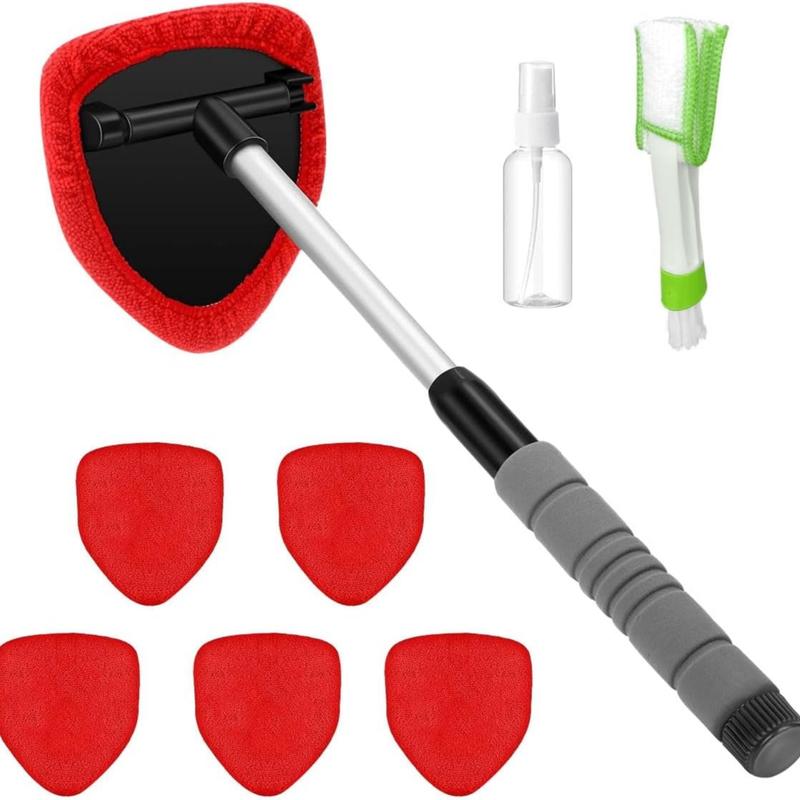 9-Piece Car Windshield Cleaning Kit with Extendable Handle, 180° Swivel Head, 6 Reusable Microfiber Pads, Vent Brush & Spray Bottle for Windows, Mirrors & Glass