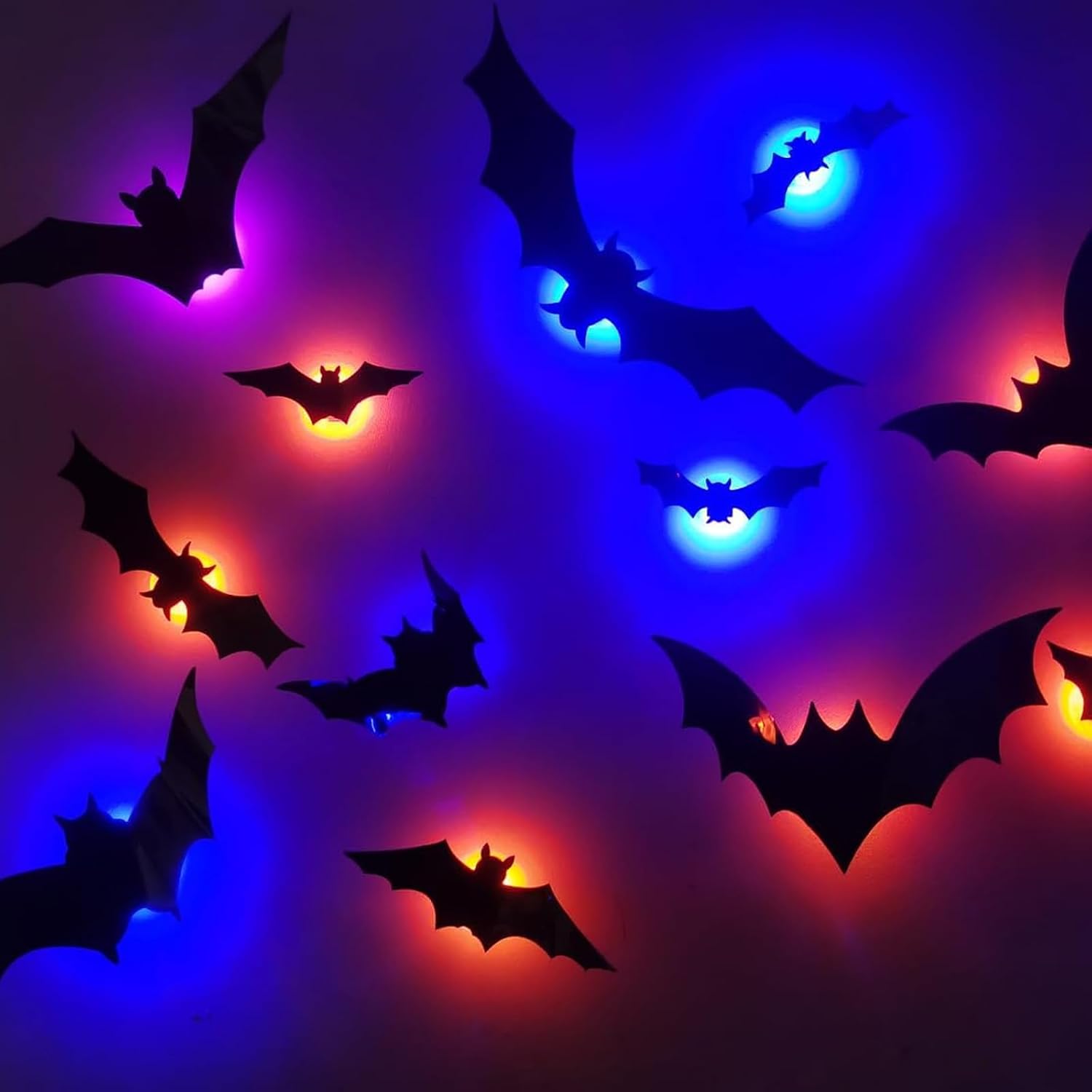 Pack of 12 LED Lights 3D Halloween Bat Decoration, Halloween Decoration Bat Wall Sticker with 10 Different Sizes, Horror Decorative Stickers, LED Bats Decoration for Indoor Halloween Party Accessories