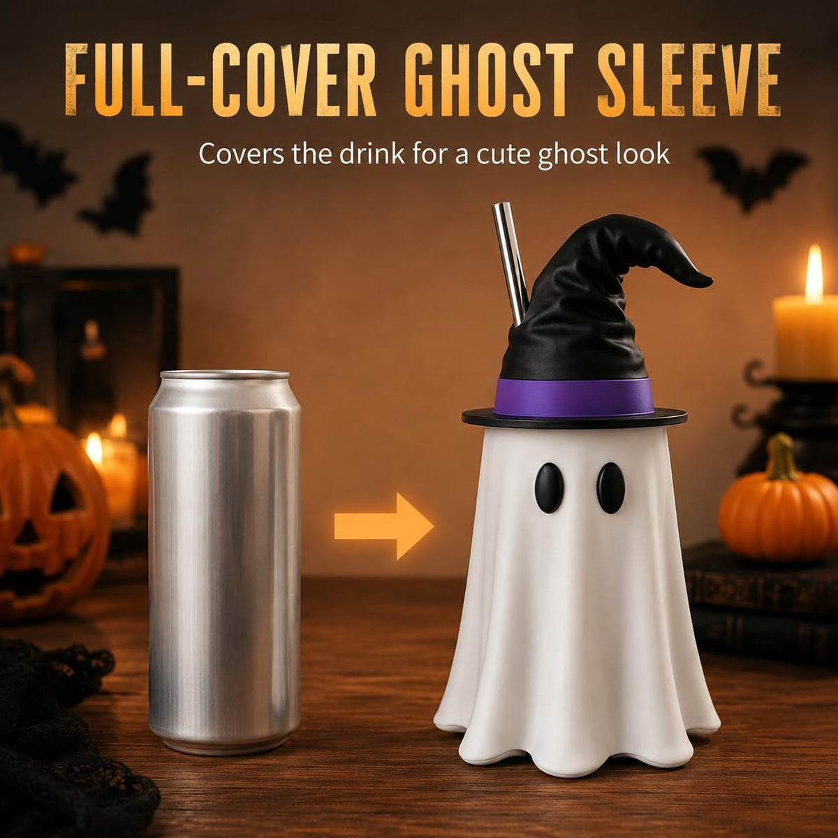 Halloween Witch Hat Ghost Can Holder with Straw Opening, Reusable 3D Beverage Can Cover, Standard or Tall Size, Spooky Drink Accessory for Parties, Desks & Movie Nights