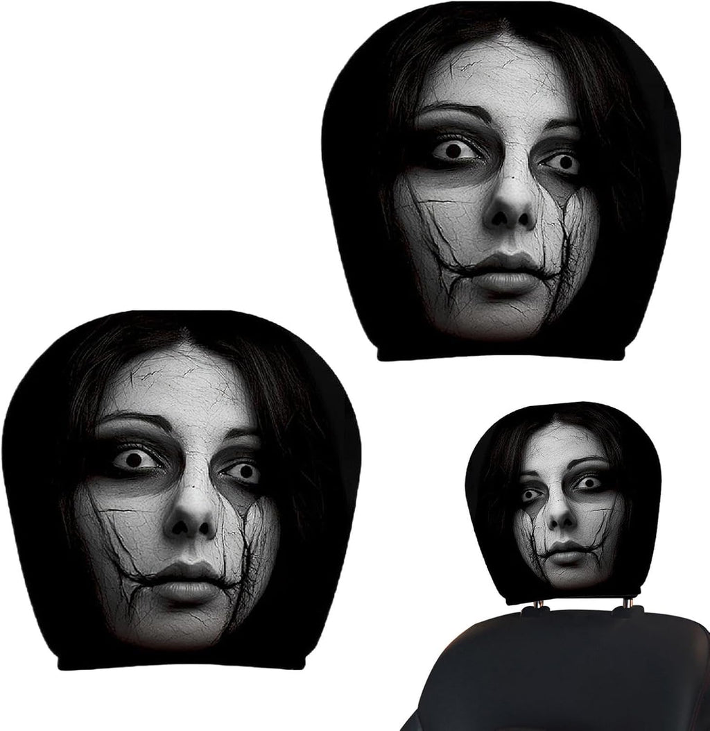 Car Headrest Covers | 2 Piece Ghost Face Car Headrest Covers | Scary Face and Funny Dark Theme Car Headrest Covers | Elastic Protector