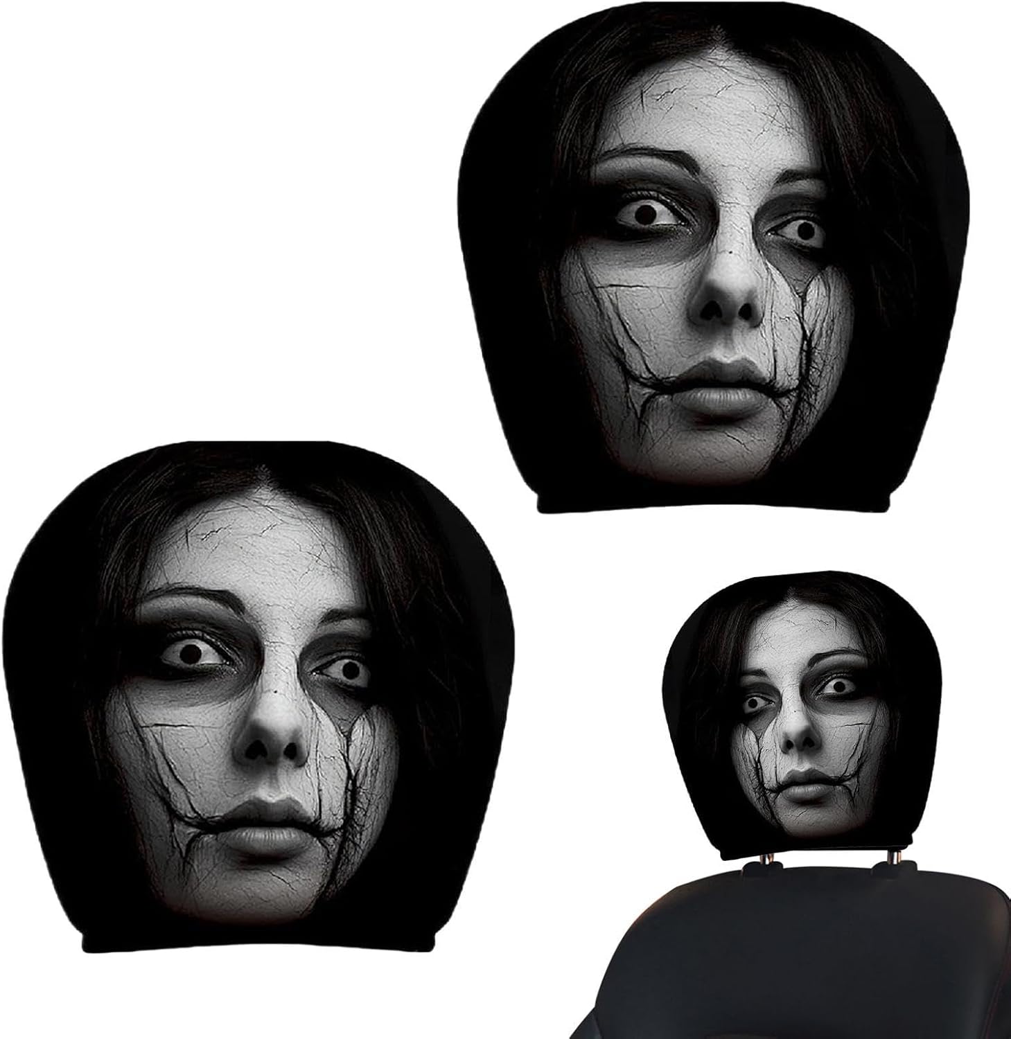 Car Headrest Covers | 2 Piece Ghost Face Car Headrest Covers | Scary Face and Funny Dark Theme Car Headrest Covers | Elastic Protector