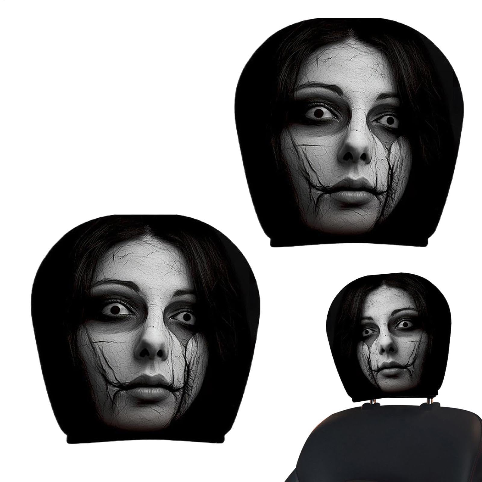 Car Headrest Covers | 2 Piece Ghost Face Car Headrest Covers | Scary Face and Funny Dark Theme Car Headrest Covers | Elastic Protector