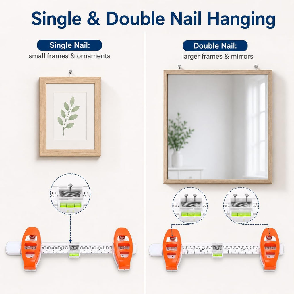 4-in-1 Picture Hanging Tool with Bubble Level, Measuring Ruler & Magnetic Nail Holder, Frame Alignment Tool with 14 Brad Nails for Pictures, Mirrors & Wall Decor