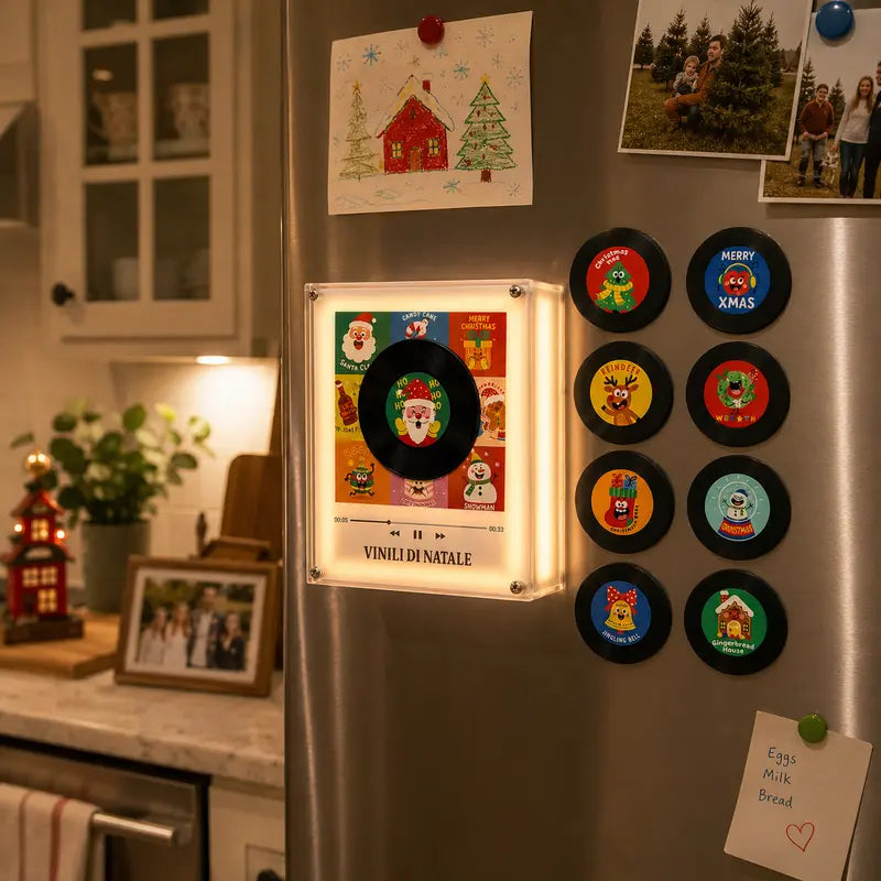【Christmas Gift】Magnetic NFC Music Player with 9 Mini Vinyl Discs, Add Your Own Songs, Rotating Record Player with Light Effect, Unique Music Gift & Christmas Fridge Decor