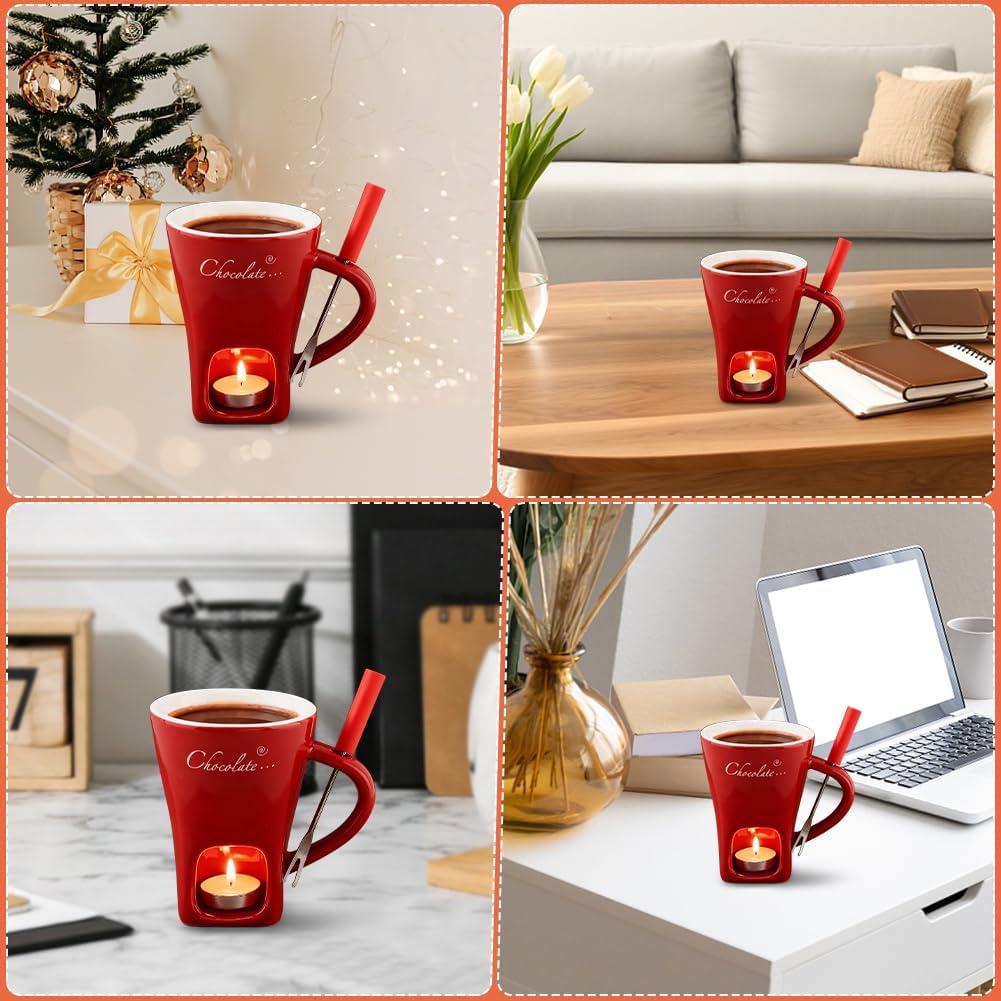Mini Ceramic Chocolate Fondue Mug Set with Fork, Candle-Heated Melting Cup for Chocolate, Cheese & Caramel, Perfect for Date Nights, Parties & Gifts