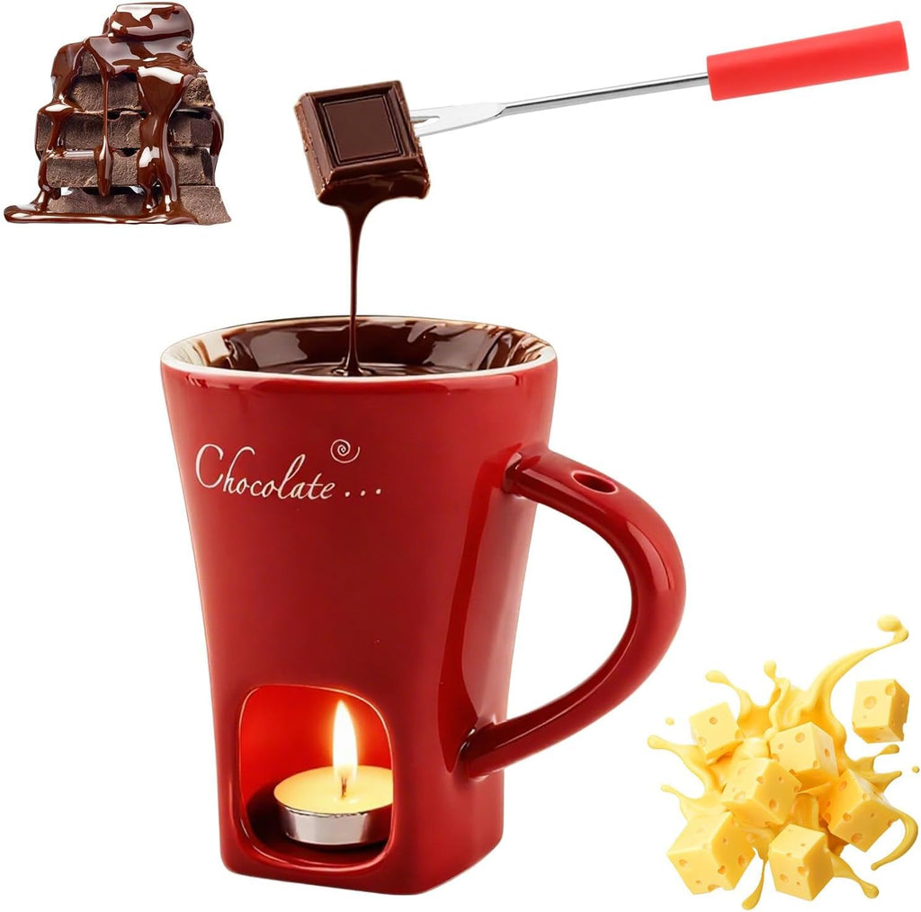 Mini Ceramic Chocolate Fondue Mug Set with Fork, Candle-Heated Melting Cup for Chocolate, Cheese & Caramel, Perfect for Date Nights, Parties & Gifts