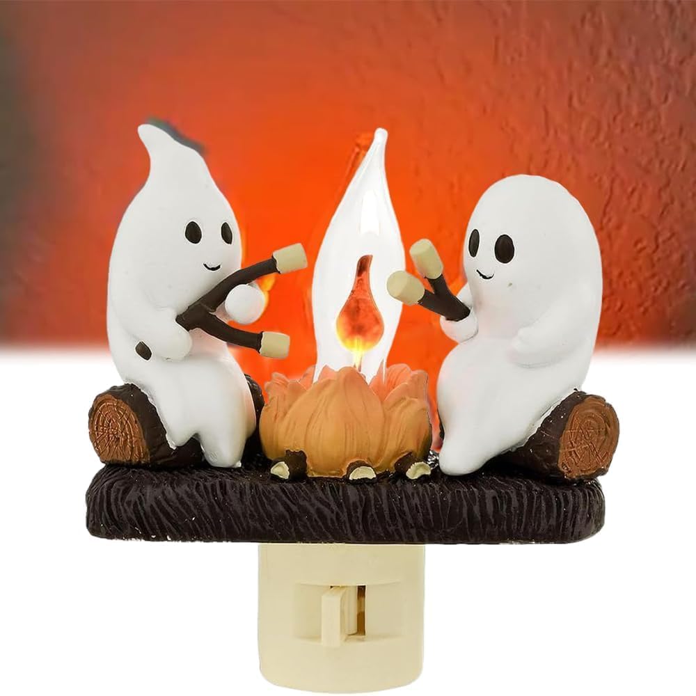 Ghost Campfire Flickering Night Light, 3D LED Plug-In Faux Flame Lamp, Halloween Room Decor for Adults and Kids, White