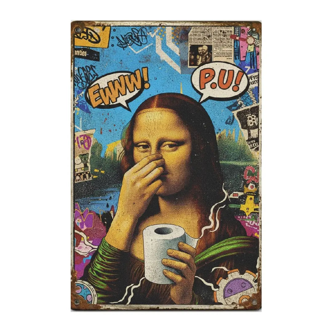 Funny Mona Lisa Metal Sign | Vintage Nose-Pinching Bathroom Decor (8x12")