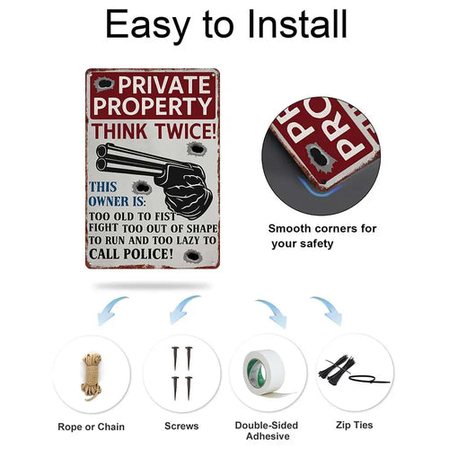 "Private Property - Think Twice" Funny Metal Sign - 12x8 Aluminum Home Safety Decor