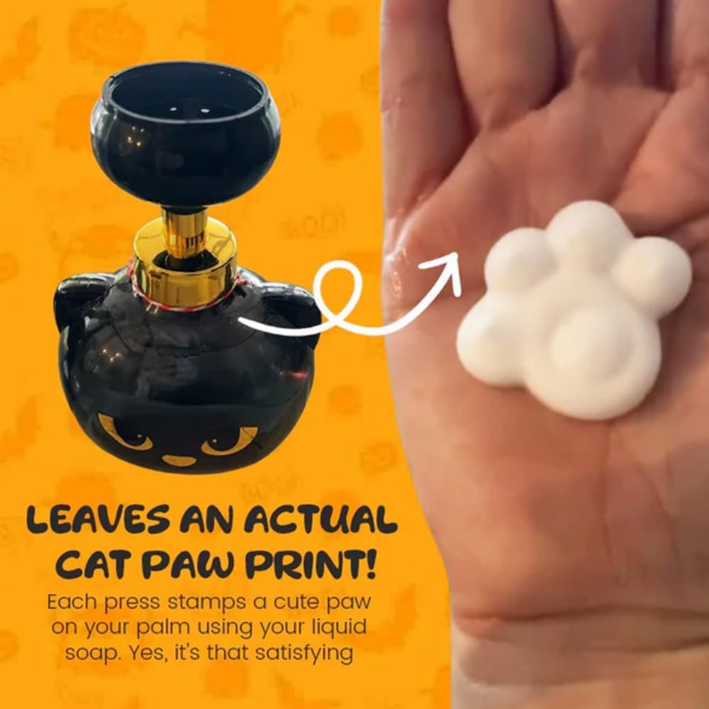 Halloween Cat Paw Foam Soap Dispenser – Cute Black Cat Paw Print Hand Soap Pump, Refillable Dispenser for Bathroom & Kitchen