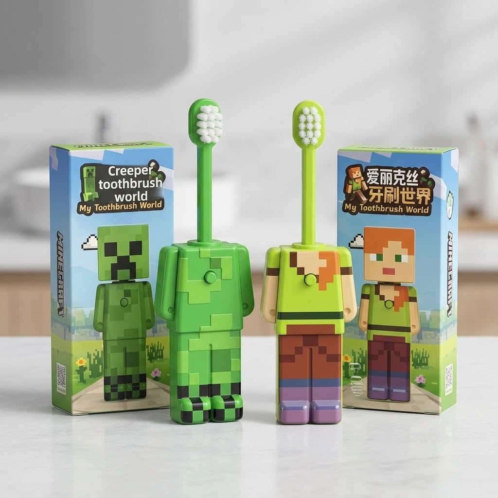 Kids Pixel Character Pop-Up Toothbrush with Cap | Ultra-Soft Travel Brush