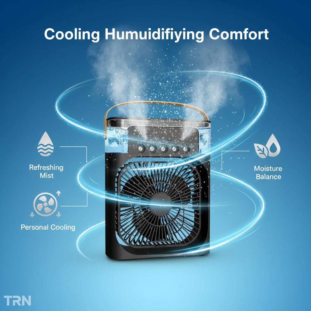 Portable Air Cooler Fan with Water Tank & USB Power - Mini Personal Evaporative Cooler with 3 Speeds, Mist Humidifier, LED Light, Quiet Cooling for Home, Office, Bedroom