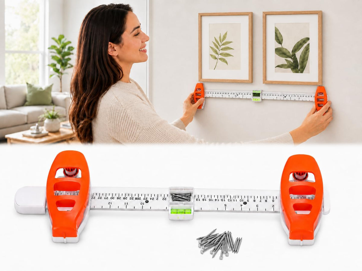 4-in-1 Picture Hanging Tool with Bubble Level, Measuring Ruler & Magnetic Nail Holder, Frame Alignment Tool with 14 Brad Nails for Pictures, Mirrors & Wall Decor