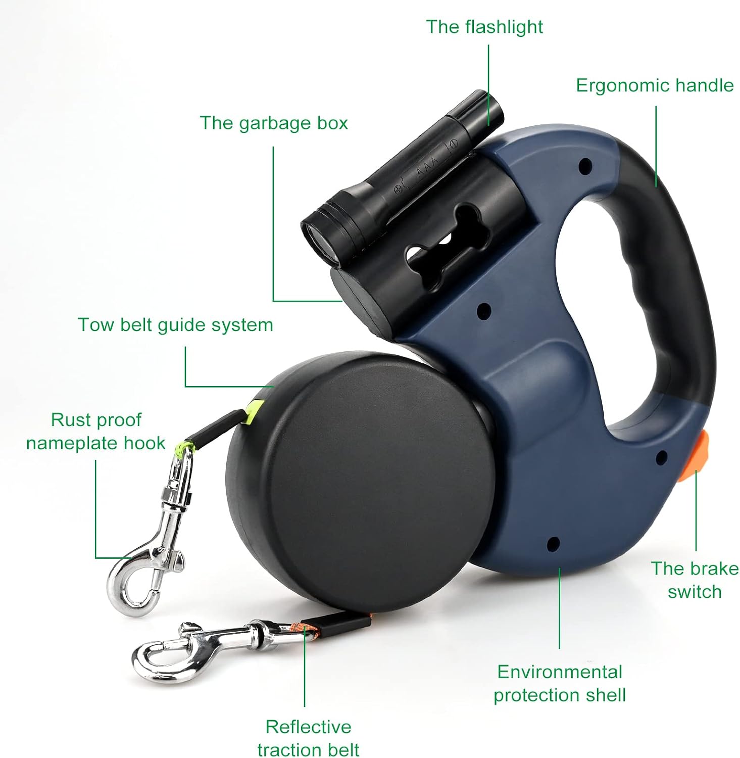 Dual Retractable Dog Leash for Two Dogs, 2 × 10 ft / 3 m Leads, 360° Anti-Tangle, One-Hand Brake with LED Flashlight