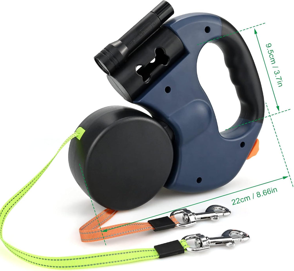Dual Retractable Dog Leash for Two Dogs, 2 × 10 ft / 3 m Leads, 360° Anti-Tangle, One-Hand Brake with LED Flashlight