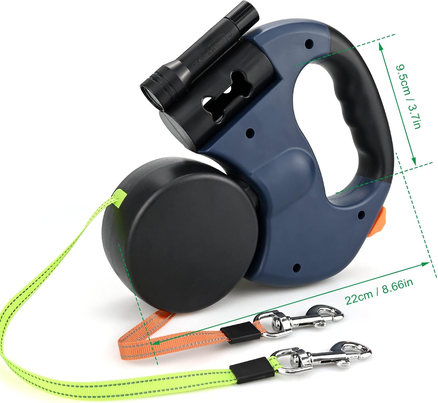 Dual Retractable Dog Leash for Two Dogs, 2 × 10 ft / 3 m Leads, 360° Anti-Tangle, One-Hand Brake with LED Flashlight