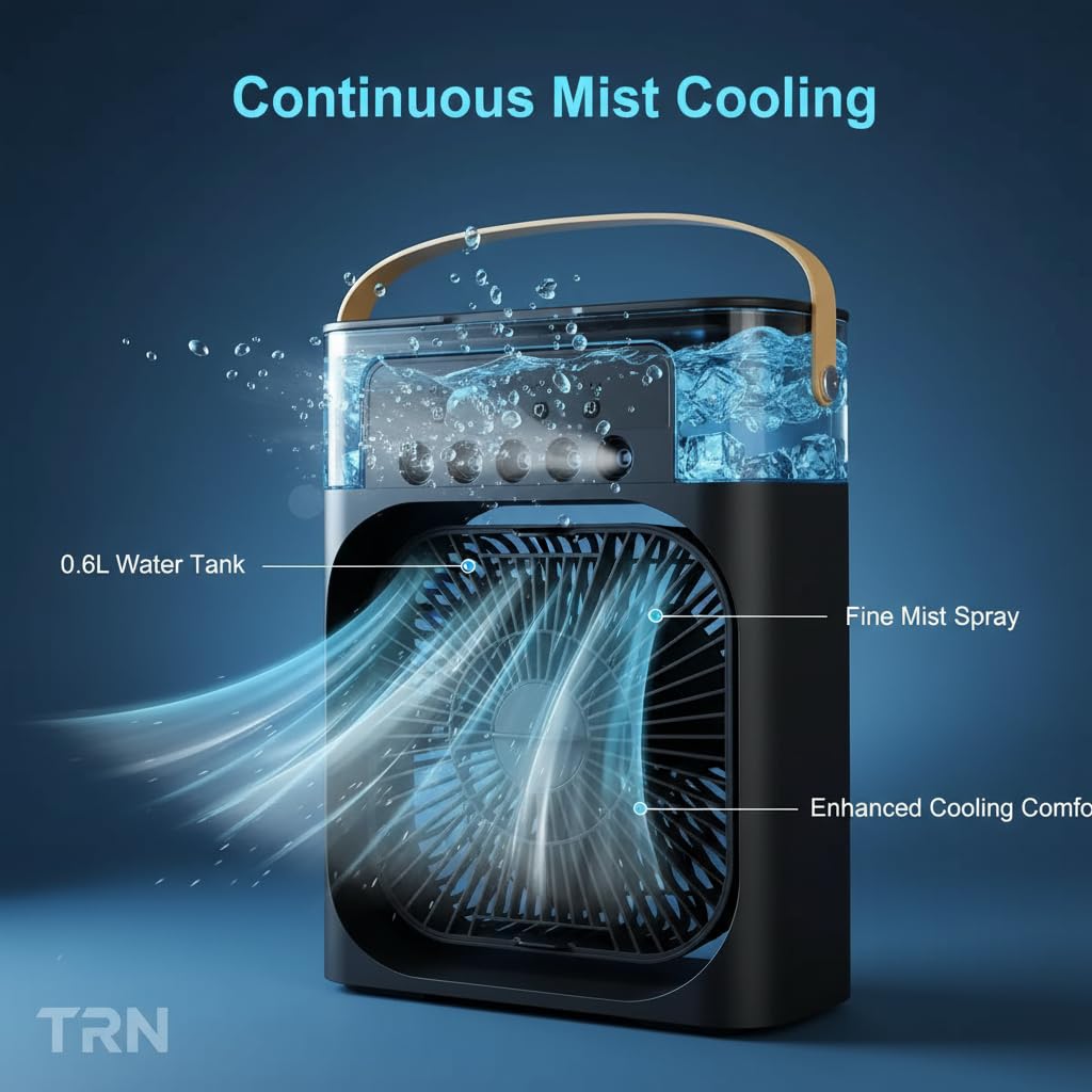 Portable Air Cooler Fan with Water Tank & USB Power - Mini Personal Evaporative Cooler with 3 Speeds, Mist Humidifier, LED Light, Quiet Cooling for Home, Office, Bedroom