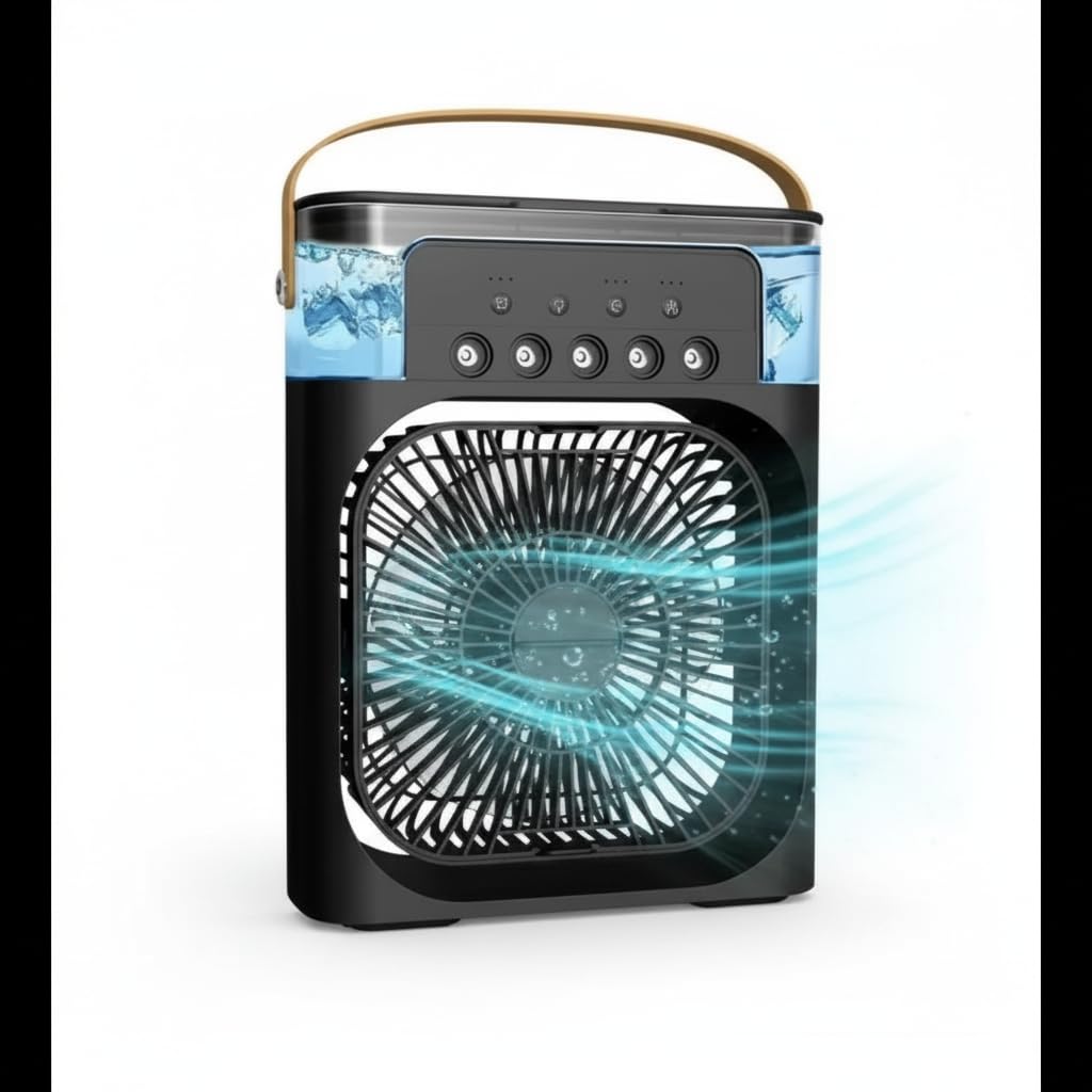Portable Evaporative Air Cooler Fan with 600ML Water Tank, USB Rechargeable Mini Mist Cooling Fan with 3 Speeds, 5 Spray Nozzles, Night Light and Timer for Desk Bedroom Office