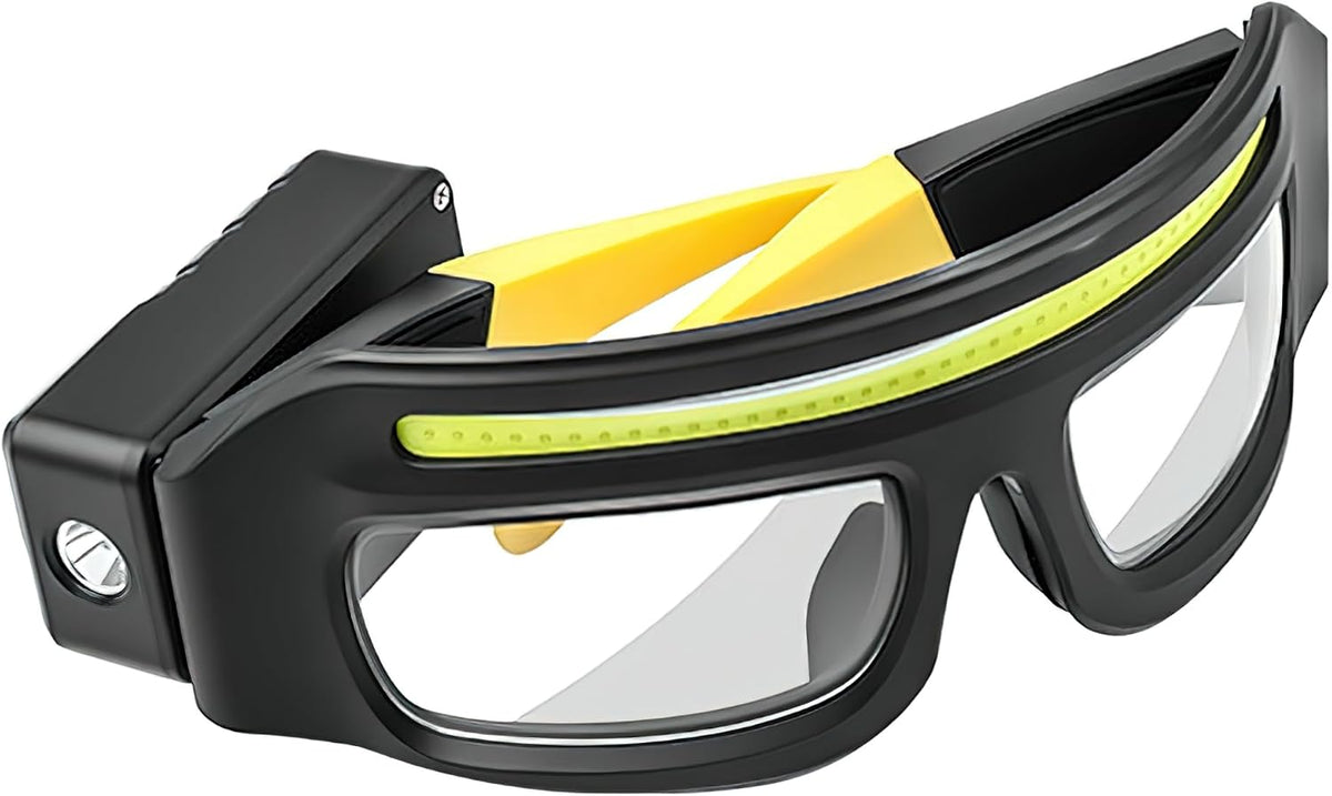 Rechargeable LED Headlamp Glasses with Motion Sensor, 5 Lighting Modes, USB-C Charging & Dual Spotlights for Camping and Auto Repair
