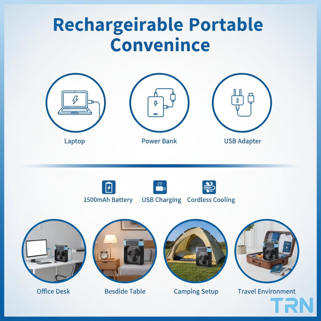 Portable Evaporative Air Cooler Fan with 600ML Water Tank, USB Rechargeable Mini Mist Cooling Fan with 3 Speeds, 5 Spray Nozzles, Night Light and Timer for Desk Bedroom Office