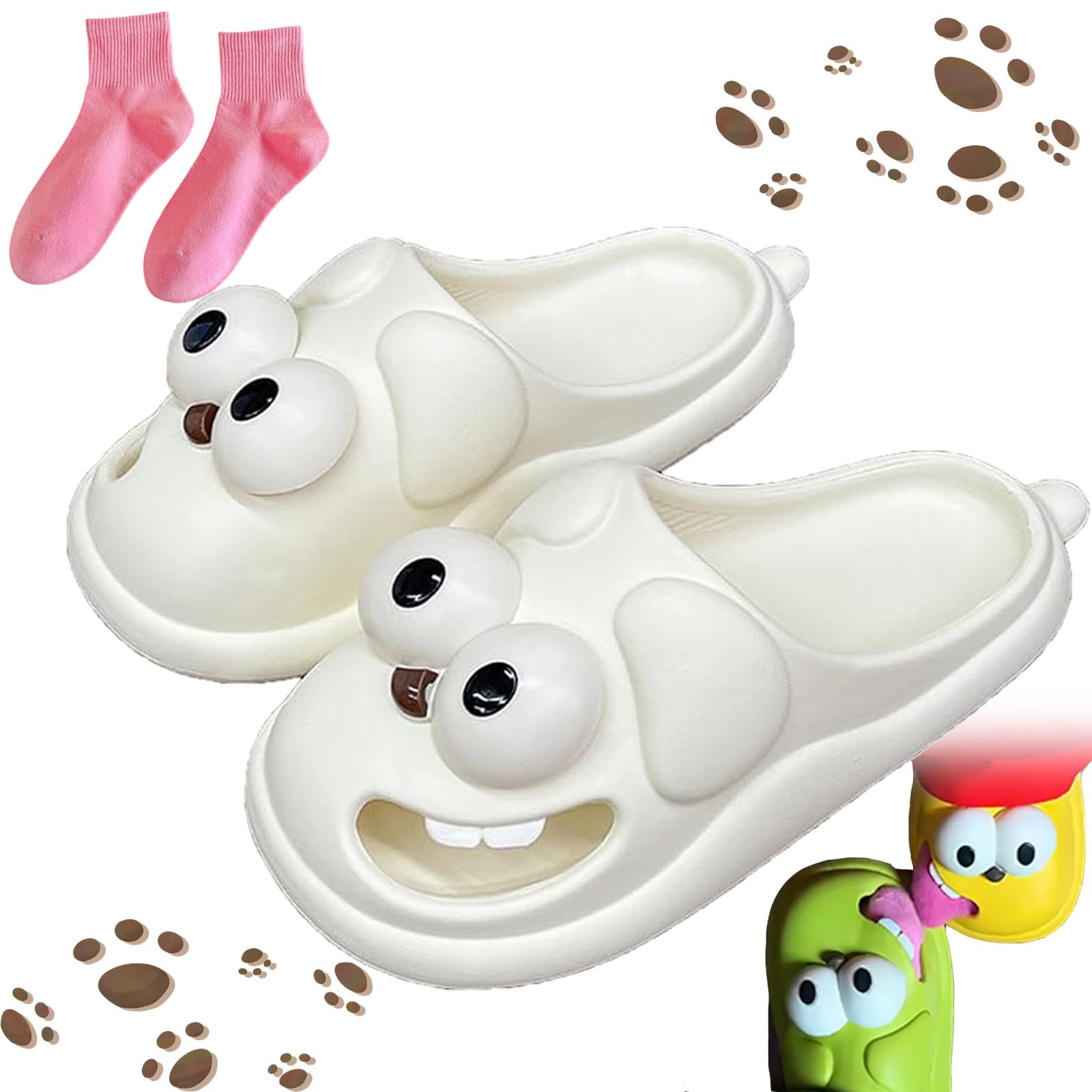 Kissing Slippers for Couples – Funny 3D Big Eye Dog Tongue Kiss Slides, Cute Cartoon House Shoes, Indoor Slippers for Women Men Non-Slip