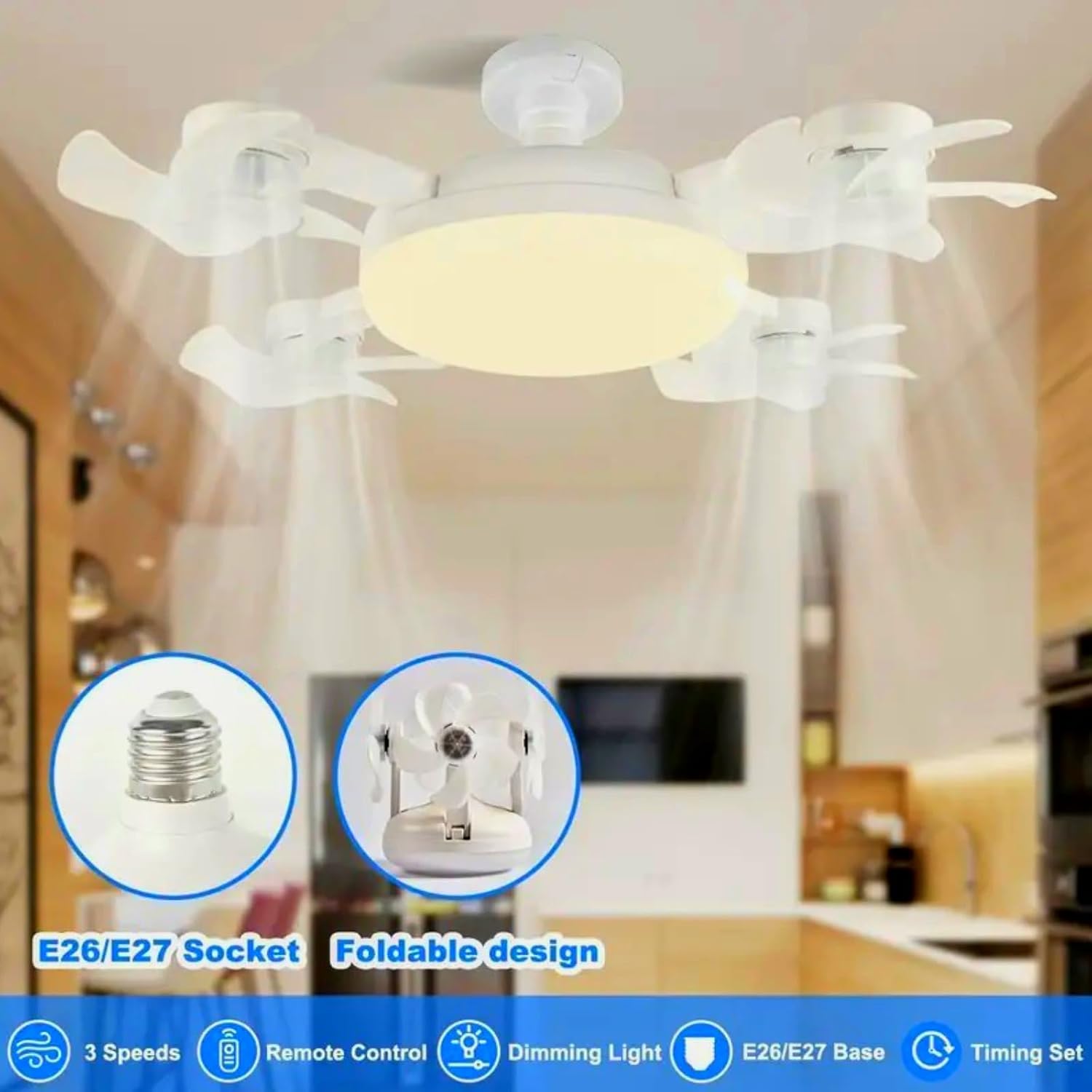 Socket Fan Light, Screw in Ceiling Fan with Remote Control 3 Color Dimmable LED Light Bulb 3-Speed Quiet Motor & Easy Screw-in Installation for Bedroom, Living Room, Office (4 Head)