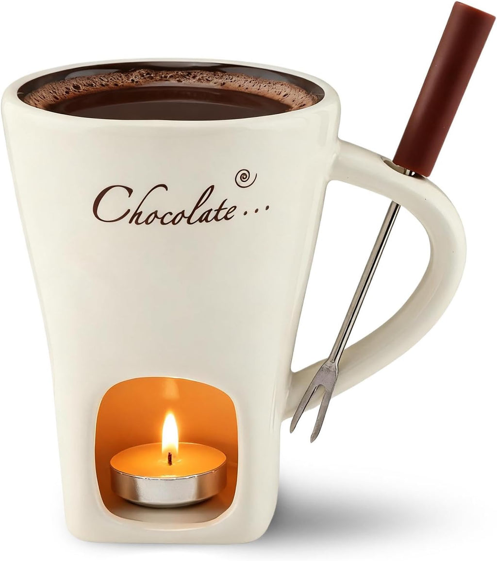 Mini Ceramic Chocolate Fondue Mug Set with Fork, Candle-Heated Melting Cup for Chocolate, Cheese & Caramel, Perfect for Date Nights, Parties & Gifts
