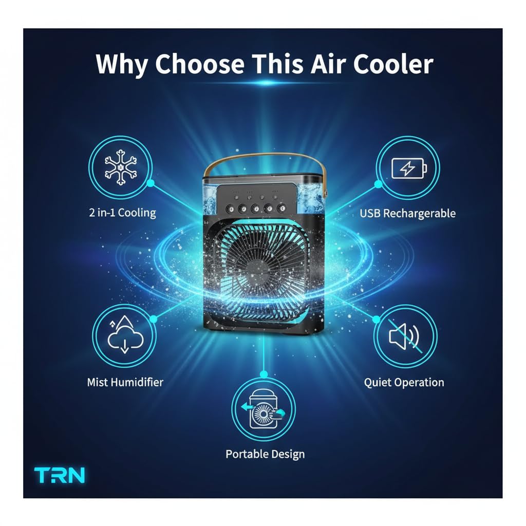 Portable Air Cooler Fan with Water Tank & USB Power - Mini Personal Evaporative Cooler with 3 Speeds, Mist Humidifier, LED Light, Quiet Cooling for Home, Office, Bedroom