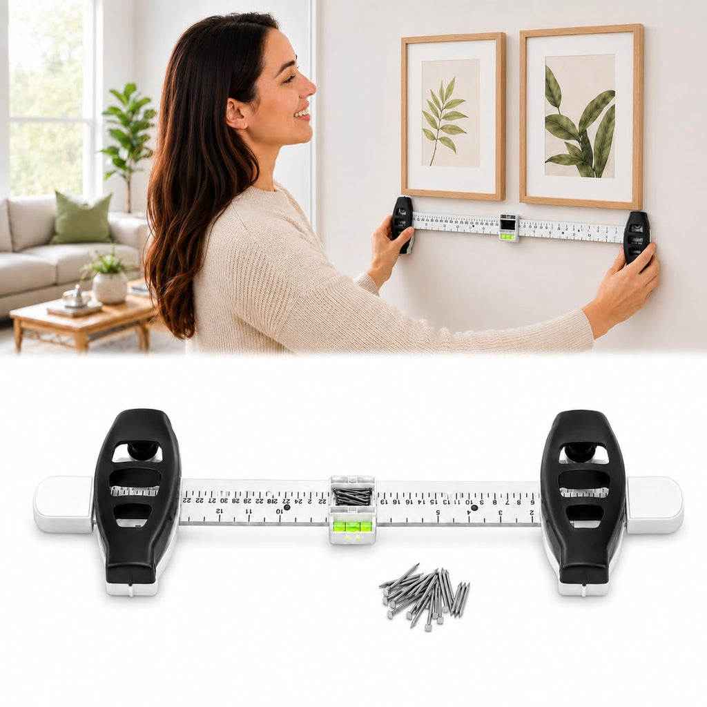 4-in-1 Picture Hanging Tool with Bubble Level, Measuring Ruler & Magnetic Nail Holder, Frame Alignment Tool with 14 Brad Nails for Pictures, Mirrors & Wall Decor