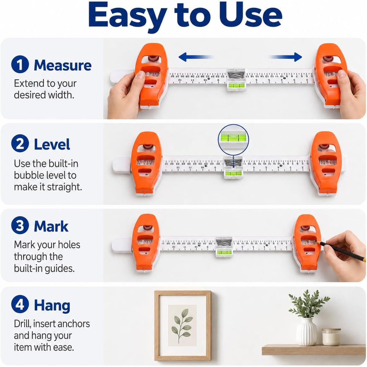 4-in-1 Picture Hanging Tool with Bubble Level, Measuring Ruler & Magnetic Nail Holder, Frame Alignment Tool with 14 Brad Nails for Pictures, Mirrors & Wall Decor